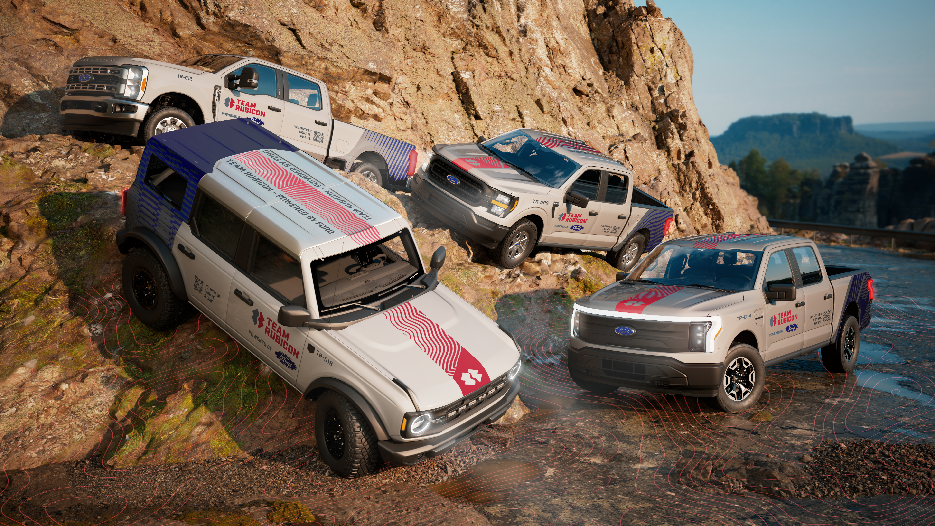 Team Rubicon Powered by Ford is a new, high-impact, year-round initiative designed to support communities nationwide with disaster response and emergency preparedness resources. As part of that, Ford Motor Company will donate 17 vehicles to Team Rubicon. (Computer-generated custom vehicles shown. Not available for sale.)